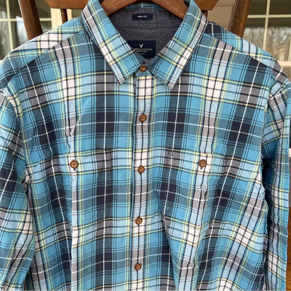American Eagle Outfitters Men’s Madras Plaid Shirt Blue Teal Prep Fit Cotton XL